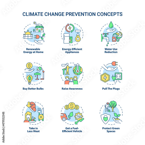 Climate change prevention concept icons set. Avoid global warming idea thin line color illustrations. Isolated outline drawings. Editable stroke. Roboto-Medium, Myriad Pro-Bold fonts used