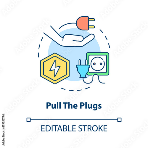 Pull plugs concept icon. Save energy. Climate changes prevention abstract idea thin line illustration. Isolated outline drawing. Editable stroke. Roboto-Medium, Myriad Pro-Bold fonts used