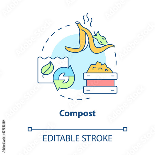 Compost concept icon. Organic trash. Recycled garbage. Minimize waste abstract idea thin line illustration. Isolated outline drawing. Editable stroke. Roboto-Medium, Myriad Pro-Bold fonts used