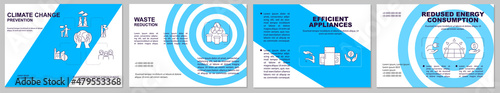 Preventing climate change blue brochure template. Booklet print design with linear icons. Vector layouts for presentation, annual reports, ads. Arial, Myriad Pro-Regular fonts used