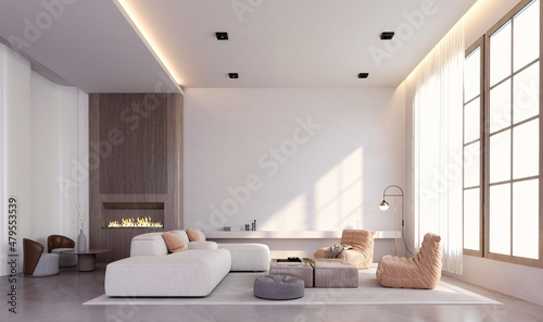 3d rendering 3d illustration  Interior Scene and  Mockup Minimal style living room  white room  dark wood  white sofa  light brown-orange seat with wall leaning against the back.
