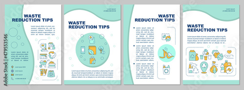 Waste reduction tips mint brochure template. Reuse and recycle. Booklet print design with linear icons. Vector layouts for presentation, annual reports, ads. Arial, Myriad Pro-Regular fonts used