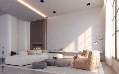 3d rendering,3d illustration, Interior Scene and  Mockup,Minimal style living room, white room, dark wood, white sofa, light brown-orange seat, leaning wall and fireplace.