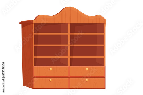Bookcase wooden furniture, empty bookshelf in cartoon style isolated on white background. Interior object, for home, office.