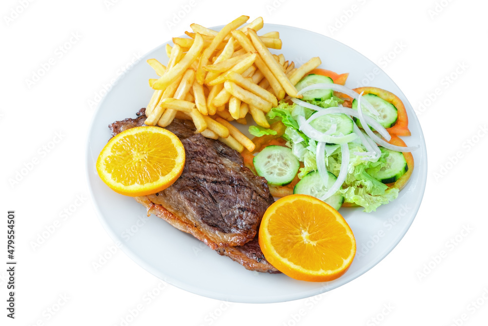 Grilled veal or pork chicken meat with potato chips salad on white isolated background.