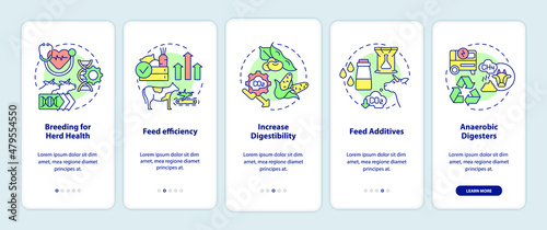 Livestock greenhouse gases reduction onboarding mobile app screen. Walkthrough 5 steps graphic instructions pages with linear concepts. UI, UX, GUI template. Myriad Pro-Bold, Regular fonts used
