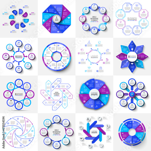 Collection of cycle infographic diagrams with 8 options - circles, octagon, arrows and other abstract elements. Vector illustration for business analysis