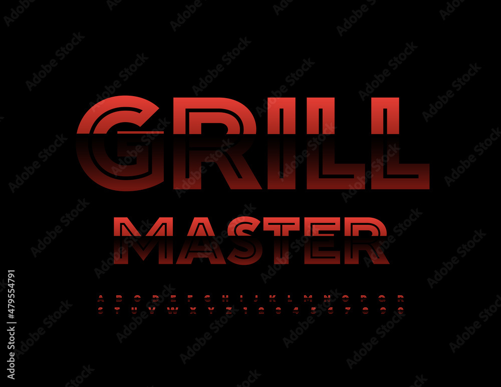 Fototapeta premium Vector bright banner Grill Master with Dark Red Font. Trendy gradient Alphabet Letters and Numbers set