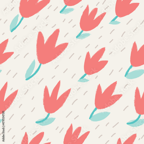 Seamless pattern with red tulips on a white background.