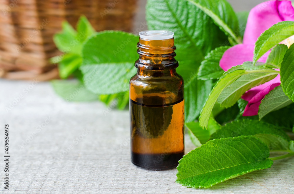 Small bottle with essential oil (extract, infusion, tincture) on the old wooden background. Aromatherapy, spa and herbal medicine ingredients. Copy space. Small bottle with essential oil (extract, infusion, tincture) on the old wooden background. Aromatherapy, spa and herbal medicine ingredients. Copy space.