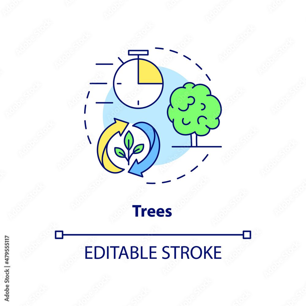 Trees concept icon. Wood residues abstract idea thin line illustration. Biomass energy source on farm. Isolated outline drawing. Editable stroke. Roboto-Medium, Myriad Pro-Bold fonts used