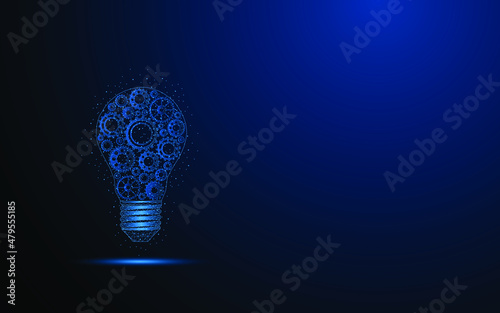 Abstract cog in a light bulb. Invention ideas or strategies. Digital low poly wireframe style design with connection points. vector illustration
