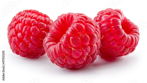 Raspberry isolated. Red raspberry on white background. Three fresh raspberries. Clipping path. Full depth of field.