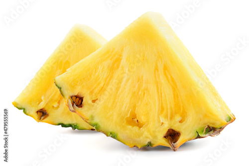 Pineapple slice isolated. Cut pineapples on white background. Fresh pineapple triangle slices. Full depth of field.