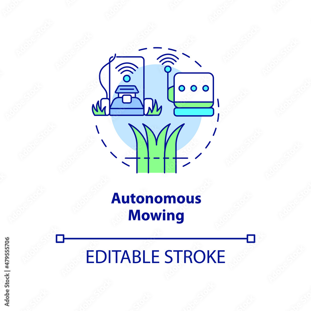 Autonomous mowing concept icon. Robotic equipment in agriculture abstract idea thin line illustration. Isolated outline drawing. Editable stroke. Roboto-Medium, Myriad Pro-Bold fonts used Autonomous mowing concept icon. Robotic equipment in agriculture abstract idea thin line illustration. Isolated outline drawing. Editable stroke. Roboto-Medium, Myriad Pro-Bold fonts used