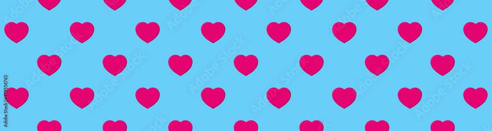 Seamless pattern. Pink heart on pastel blue backgrounds. symbol of love. Template for application to surface. Banner for insertion into site. 3d image. 3d rendering