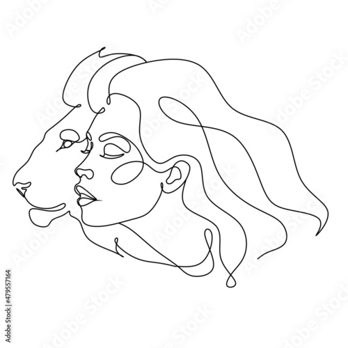 Beautiful woman with lion Line art illustration vector
