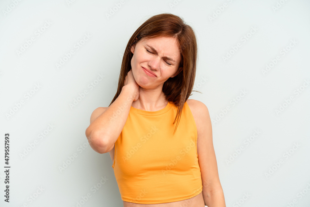 Young English woman isolated on blue background having a neck pain due to stress, massaging and touching it with hand.