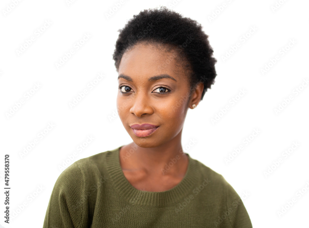 Close up beautiful young African American woman with serious expression on face against isolated white background Close up beautiful young African American woman with serious expression on face against isolated white background