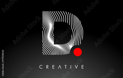 D Letter Logo with Red Dot Circle and Warp Lines Design Vector
