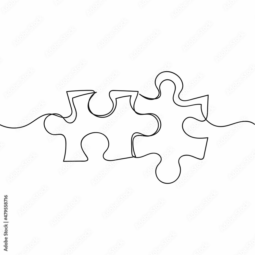 Continuous one simple single abstract line drawing of two puzzle pieces icon in silhouette on a white background. Linear stylized. Continuous one simple single abstract line drawing of two puzzle pieces icon in silhouette on a white background. Linear stylized.