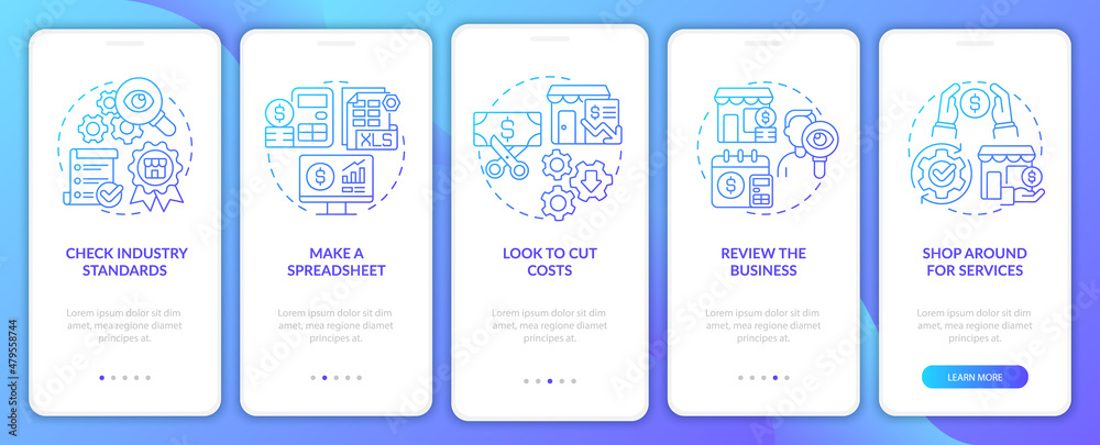 Budgeting for small business blue gradient onboarding mobile app screen. Walkthrough 5 steps graphic instructions pages with linear concepts. UI, UX, GUI template. Myriad Pro-Bold, Regular fonts used
