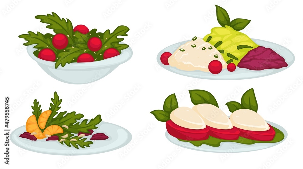 Salads with tomato and cheese, citrus and leaves Salads with tomato and cheese, citrus and leaves