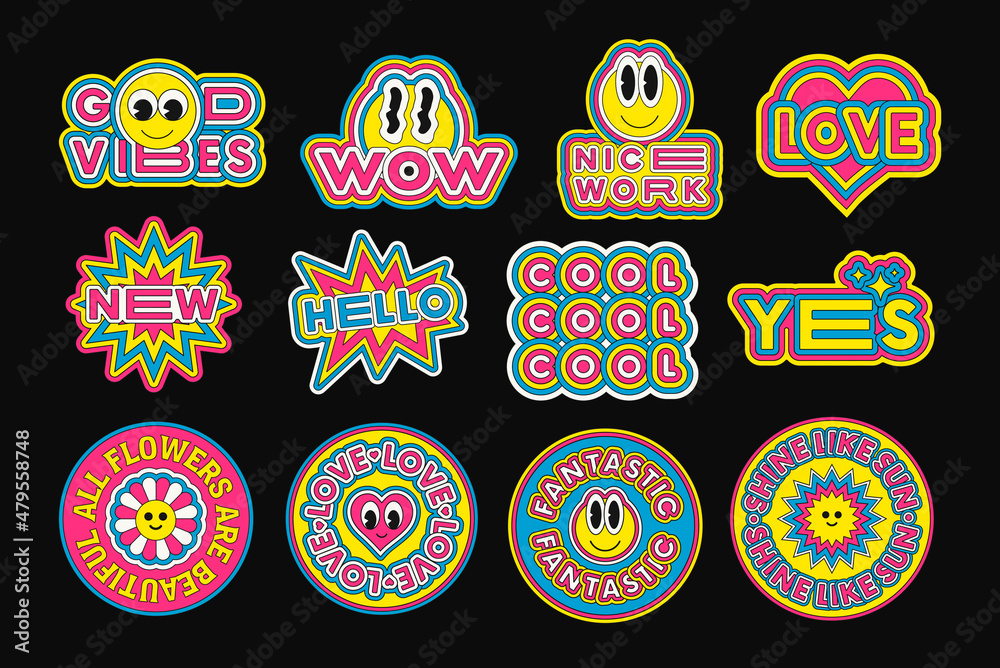 Vecteur Stock Set of Pop Art Stickers Vector Design. Cool Trendy Emoticon  Smile Patches. Cute Badges. | Adobe Stock