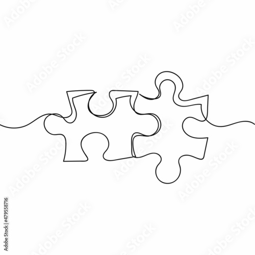 Continuous one simple single abstract line drawing of two puzzle pieces icon in silhouette on a white background. Linear stylized.