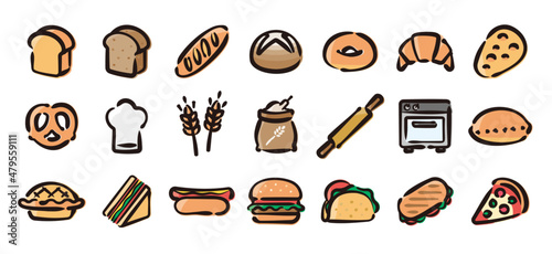 Bread and bakery icon set for graphic  Hand-drawn line  colored version 