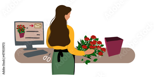 Woman Florist seller decorates a gift bouquet of red roses in a box. Elegant woman makes a beautiful bouquet ordered online. Florist workplace. Flat vector illustration