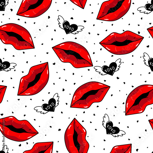 Seamless pattern with red lips with hearts. Beauty repeated backdrop. Girlish wallpaper.Colorful cartoon style.