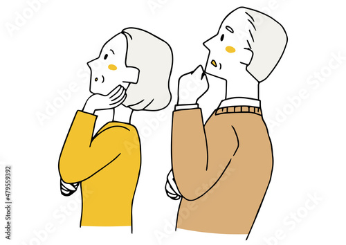 上を見ながら考えている高齢男性の女性　横向きの上半身　視線の誘導などに　手描きの人物イラスト
