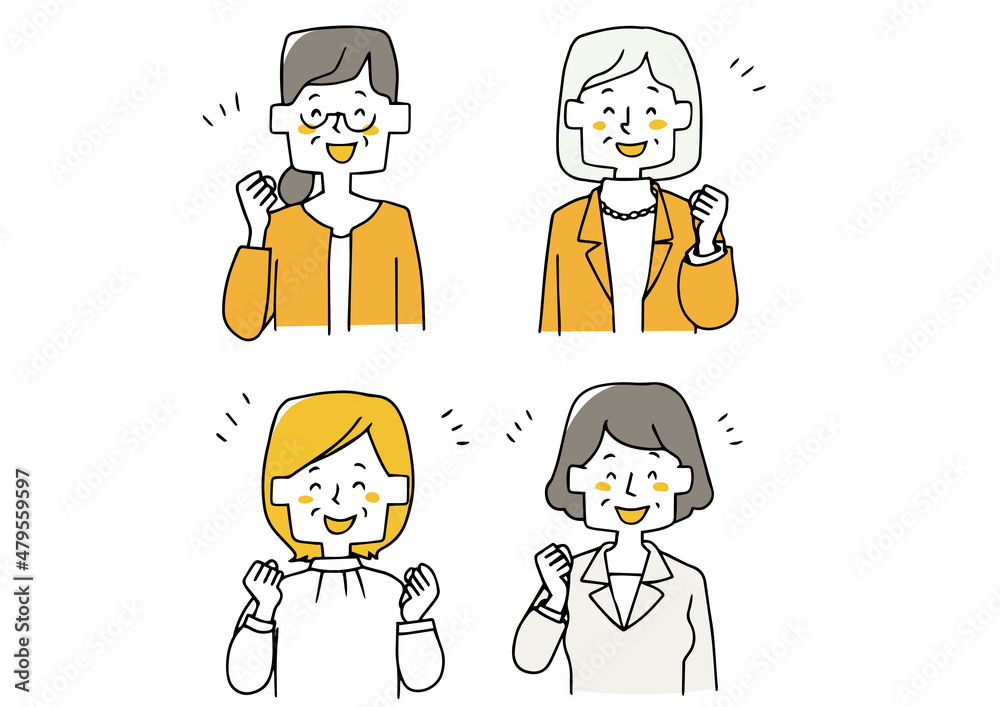 中年女性のオフィスカジュアルな上半身のアイコン　喜んでいる様子　手描きの人物ベクターイラスト