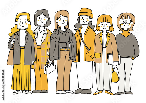 並んで立つファッションを楽しむスタイリッシュな大人の女性　手描きの人物イラスト