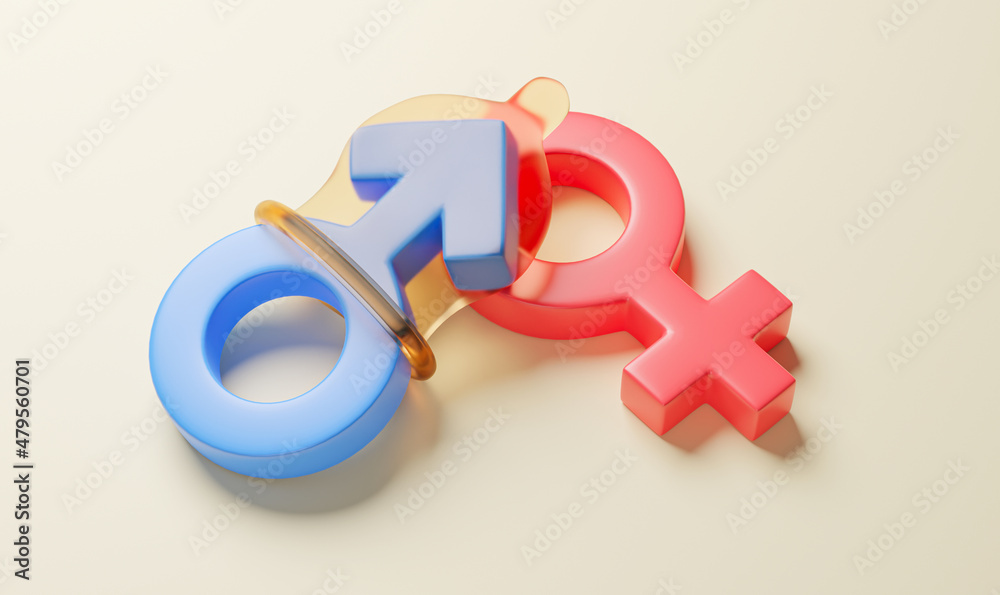 Sex condom for protection. Safe sex. Condom on the gender symbol of the man near the woman. 3d render Sex condom for protection. Safe sex. Condom on the gender symbol of the man near the woman. 3d render