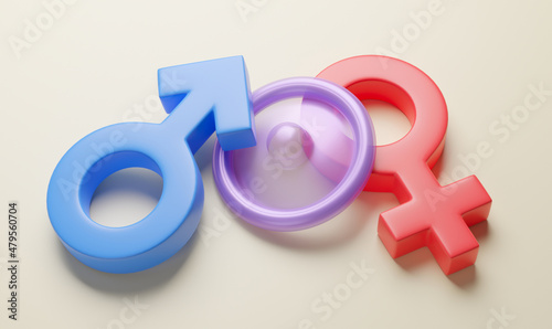 Sex condom for protection. Safe sex. Condom between gender symbols of man and woman. 3d render