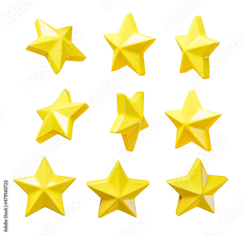 Set of yellow stars isolated on a white background. 3d render