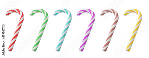 Set of candy cane with a red stripe. Sweet lollipop sticks isolated on white background. 3d render.