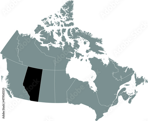 Black flat blank highlighted locator administrative map of the Canadian province of ALBERTA inside gray flat map of CANADA