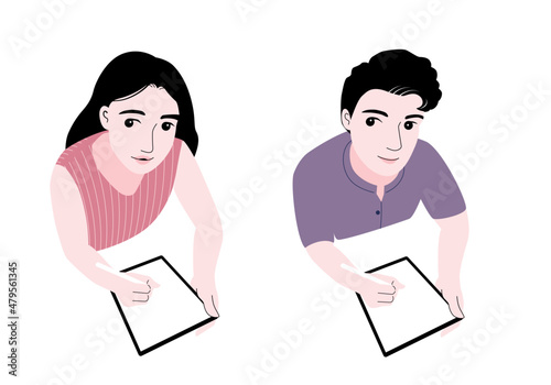 Top view of young woman and young man smiling and using stylus with blank tablet, flat vector illustration.