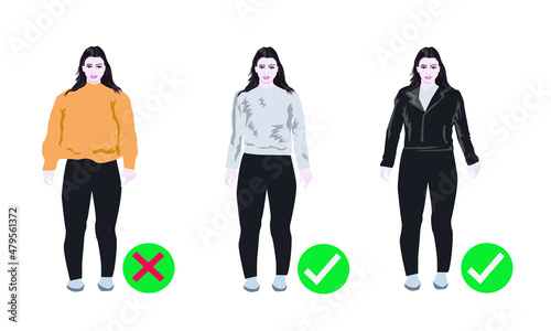 dress tips for plus size girl, people flat portrait vector