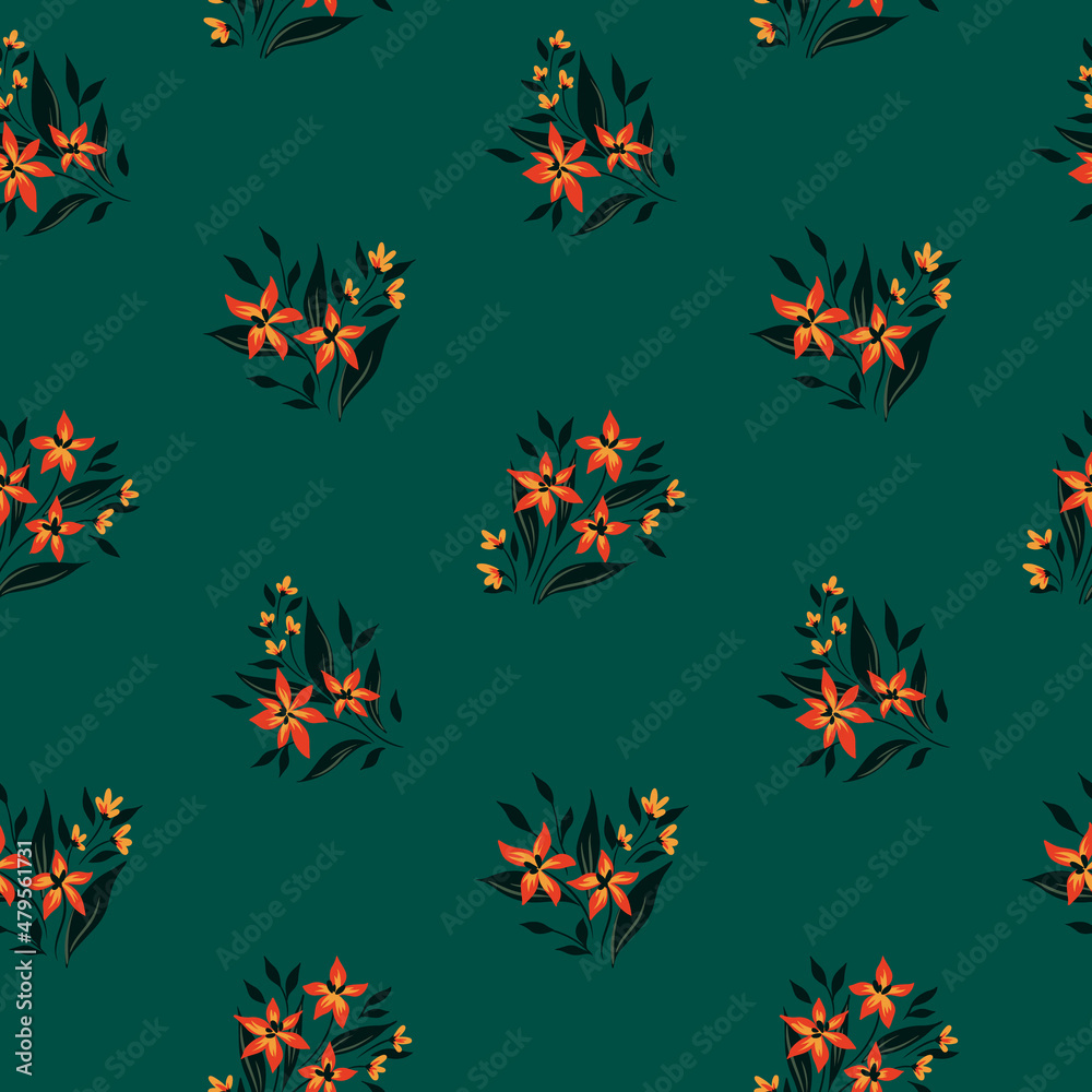 Seamless pattern with floral bouquets. An old-fashioned floral print with a simple composition. Small bouquets of flowers, leaves on a dark background. Vector illustration with hand drawn plants. Seamless pattern with floral bouquets. An old-fashioned floral print with a simple composition. Small bouquets of flowers, leaves on a dark background. Vector illustration with hand drawn plants.
