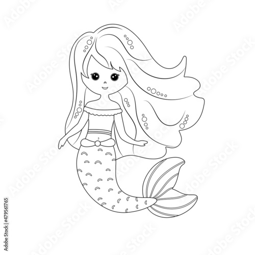 Cute little mermaid with long hair . Coloring book for children. Vector black and white coloring page.