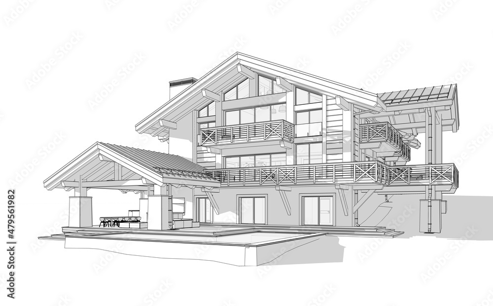 3d rendering of modern cozy chalet with pool and parking for sale or rent. Massive timber beams columns. Black line sketch with soft light shadows on white background.