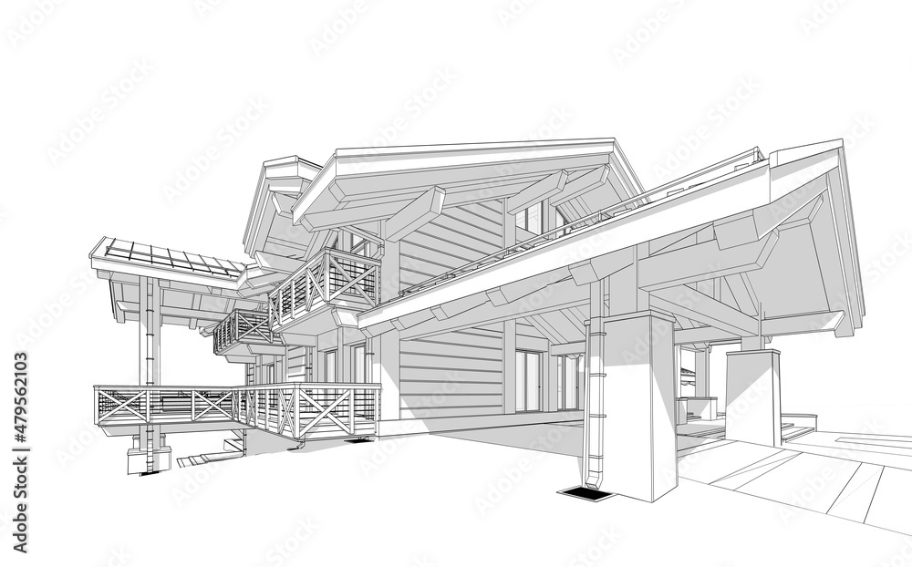 3d rendering of modern cozy chalet with pool and parking for sale or rent. Massive timber beams columns. Black line sketch with soft light shadows on white background. 3d rendering of modern cozy chalet with pool and parking for sale or rent. Massive timber beams columns. Black line sketch with soft light shadows on white background.