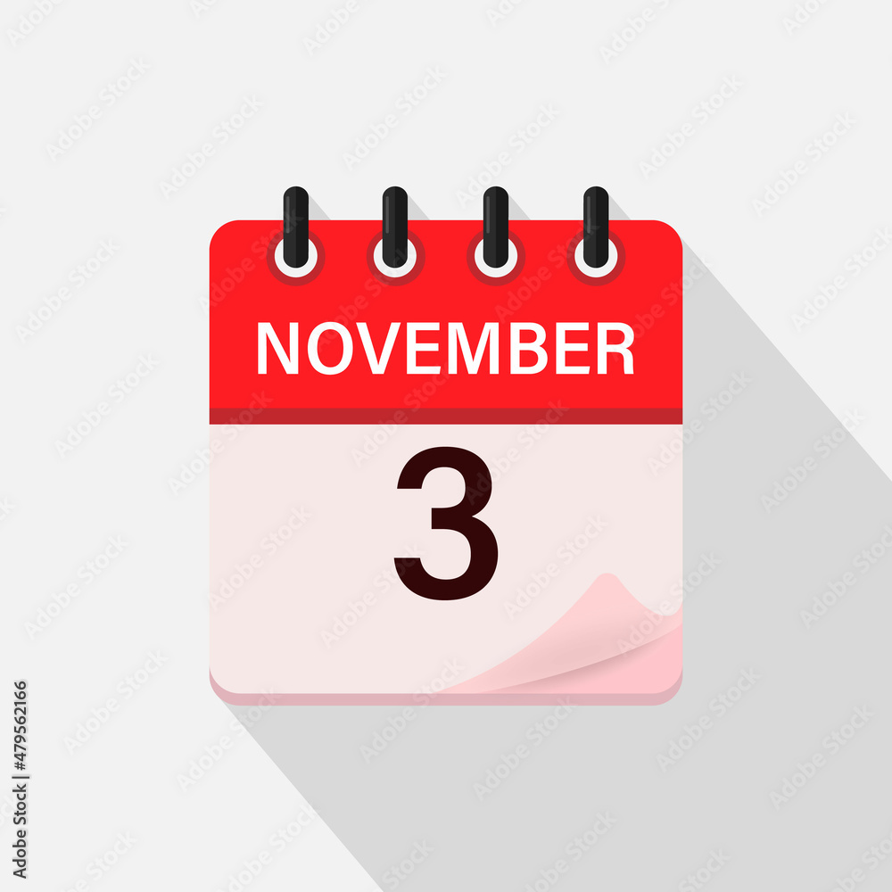 November 3, Calendar icon with shadow. Day, month. Flat vector illustration. November 3, Calendar icon with shadow. Day, month. Flat vector illustration.