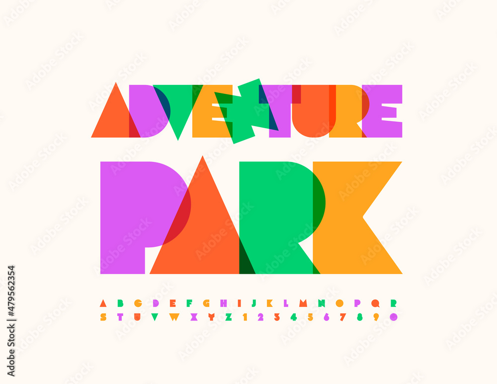 Vector playful sign Adventure Park. Bright Colorful Font. Creative watercolor Alphabet Letters and Numbers set