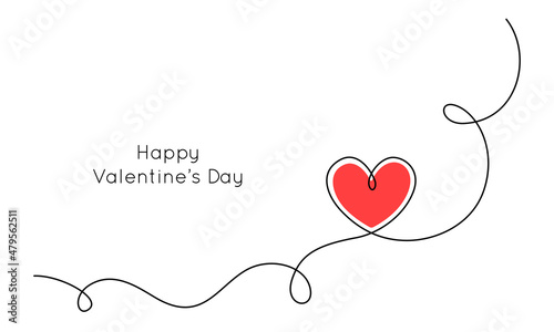 Red Heart and love sign in continuous one line drawing. Romantic symbol for Valentines card and banner in simple linear style. Editable stroke. Doodle vector illustration