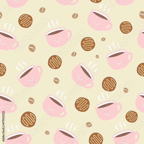 coffee cups pattern in yellow background with coffee bean and cookies happy